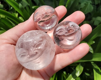 Moon Face Quartz Sphere - Counteracts the Negative, Energizes Positive Energy, Cleanses Your Aura - Clear Quartz Crystal Ball Healing Stone