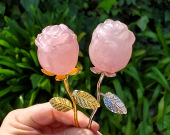 Small Rose Quartz Rose on Metal Stem - Unconditional Love, Compassion, Self Love - Pink Crystal Rose Bud with Silver or Gold Metal Stem