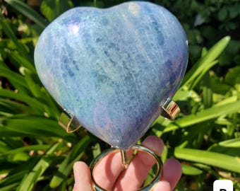 Aura Blue Calcite Heart on Stand - Soothing, Transmutes Negativity, Protective, Dream Recall - Calcite Crystal Heart Healing Gemstones