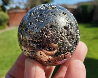 Druzy Pyrite Sphere - Blocks Negativity, Boost Personal Power, Helps Manifestations - Pyrite Crystal Ball Healing Gemstone