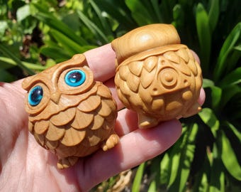 Cute Cypress Wood Owl Carving - A Symbol of Immortality, Protective From Negative Energies - Carved Wooden Owl with Blue Eyes Figurine