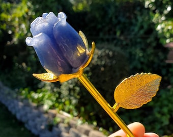 Small Blue Aventurine Rose on Gold Stem 6" - Self-Discipline, Inner Strength, Communication - Cute Crystal Flower Healing Gemstone Decor