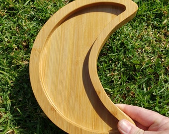 High Quality Wood Moon Tray - Bamboo Tray For Crystals, Jewelry, Candles, Makeup, Keys - Stone Display Wooden Tray Gemstone Organizer 8.5"