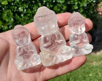 Clear Quartz Buddha 1.95" to 2.60" tall - Counteracts Negative, Energizes Positive Energy - Carved Buddha Stone Healing Crystals Gemstones