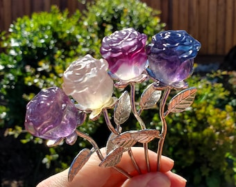 Small Rainbow Fluorite Crystal Rose on Stem - Mental Clarity, Positivity, Energetic Protection - Stone Rose Healing Crystals Gemstones
