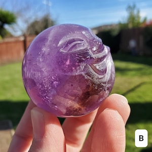 Moon Face Amethyst Sphere - Calming, Energetic Protection, Positivity, Connection - Purple Amethyst Moon Crystal Healing Gemstones
