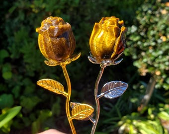 Small Flashy Tiger Eye Rose on Stem - Courage, Motivation, Confidence, Grounding, Energetic Protection  - Crystal Rose Healing Gemstones