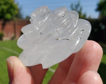 Quartz Rose Carving - Counteracts the Negative, Energizes Positive Energy - Clear Flower Crystal Rose Healing Stone