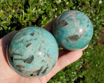 Amazonite Sphere with Smoky Quartz - Calming, Courage, Truth, Compassion - Amazonite Teal Crystal Ball Healing Gemstones