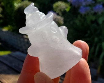 Cute Quartz Ghost with Witch Hat - Counteracts the Negative, Energizes Positive Energy, Cleanses Your Aura -  Crystal Ghost Halloween Decor