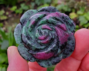 Ruby Zoisite Flower with UV reactive Ruby - Courage, Strength, Connects Our Hearts and Brain - Ruby Rose Carving Healing Gemstones