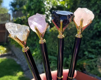Stone Top Pen with Black Ink - Quartz (Magnify), Amethyst (Calming), Obsidian (Reflection), Rose Quartz (Love) - Pen with Gold Metal Detail