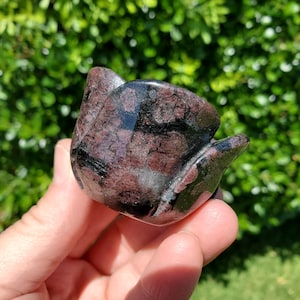 May include: A polished, carved stone bowl featuring a deep burgundy and black mottled pattern with visible crystalline inclusions. The object has a smooth, reflective surface and a distinct, multi-petaled shape resembling an open flower bloom.