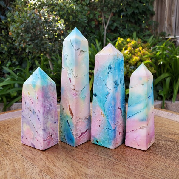 Tye Dye Snow Agate Tower - Balances Females Ying Yang Energy, New Opportunities - White Plume Druzy Agate Points Healing Crystals