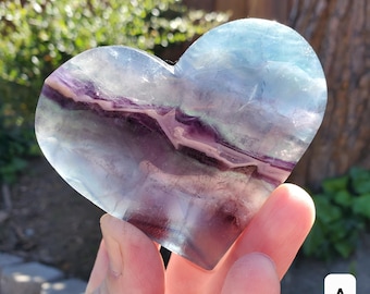 Rainbow Fluorite Heart with Rainbows, Druzy & Stand - Balancing, Protective, Grounding, Mental Clarity - Blue Crystal Heart Statement