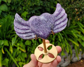 Lepidolite Heart Wings on Stand - Transitions, Stress Relief, Calming - Cute Purple Heart Crystal Carving with Wings Healing Gemstone
