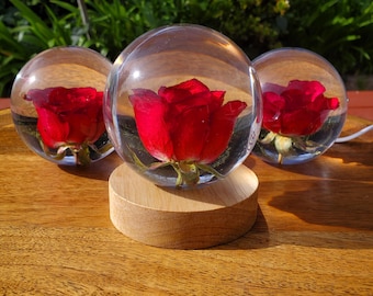 Red Rose Resin Accent Light with Wooden Stand | Handmade Resin Craft with Real Rose Inside - Home Décor Night Light, Beautiful Flower Gift