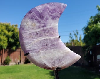 Dream Amethyst Moon on Stand - Calming, Energetic Protection, Positivity, Divine Love - Purple Amethyst Moon Crystal Gemstone