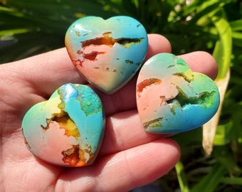 Rainbow Snow Agate Hearts Trio - Balances Female Ying Yang Energy, New Opportunities - White Plume Druzy Heart Healing Crystals