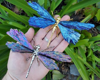 Aura Kyanite Dragonfly on Metal Body - Calming, Clarity, Connection, Communication, Balances Chakras - Kyanite Crystal Dragonfly Statement