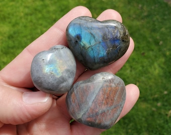 Flashy Labradorite Hearts Trio - Awareness, Connection, Intuition, Wisdom - Labradorite Healing Crystal Lab Heart Set