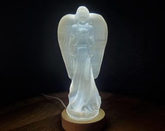 Big Selenite Angel Accent Lamp - Tranquility, Blessings, Love & Light - 7.75" Satin Spar Statement Angel Light with Wood Stand Gemstone