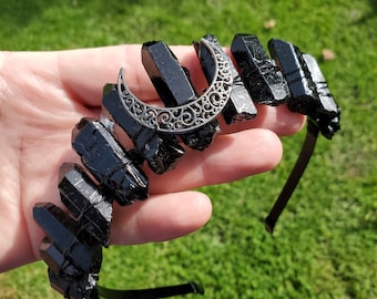 Black Quartz Crystal Crown with Moon - Counteracts Negative, Energizes Positive Energy - Goddess Crown Party Celebration Attire Costume
