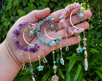 Crescent Moon Suncatcher - Cute Window Decor - Rainbow Light Catcher with Crystals, Sun, Tree of Life with Reflecting Star & Tear Drop