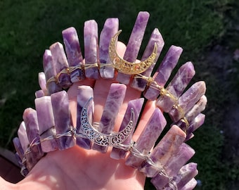 Dream Amethyst Crown with Moon - Calming, Energetic Protection, Positivity, Divine Love - Amethyst Crystal Crown Goddess Headpiece