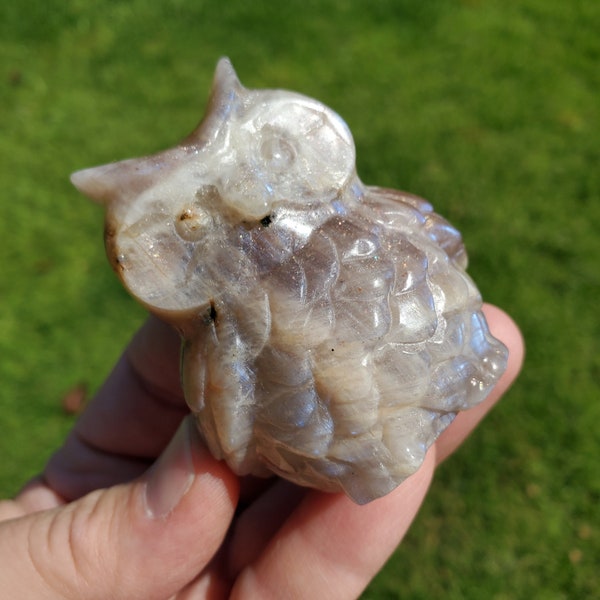 Flashy Moonstone Owl with Sunstone - Uplifting, Raises Vibration, Feminine Energy, Empowering - Flashy Crystal Owl Healing Gemstone