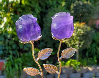Small Purple Fluorite Rose - Clarity, Peace, Logic, Protection - Silver Stem Rose Gemstone Crystal Rose Statement