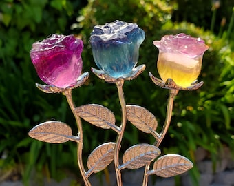 Small Rainbow Fluorite Crystal Rose on Stem - Mental Clarity, Positivity, Energetic Protection - Stone Rose Healing Crystals Gemstones