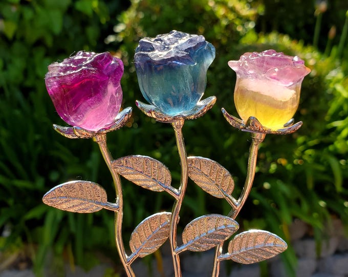 Featured listing image: Small Rainbow Fluorite Crystal Rose on Stem - Mental Clarity, Positivity, Energetic Protection - Stone Rose Healing Crystals Gemstones