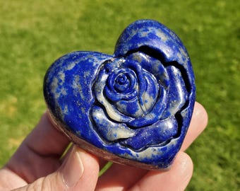 Lapis Lazuli Heart with Rose Carved Inside - Speak Your Truth, Communication, Personal Power - Crystal Heart Healing Gemstone
