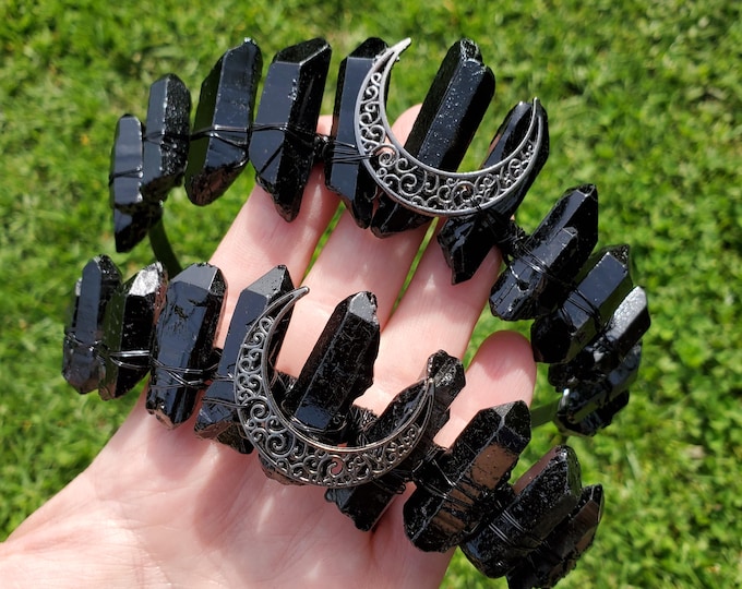Featured listing image: Black Quartz Crystal Crown with Moon - Counteracts Negative, Energizes Positive Energy - Goddess Crown Party Celebration Attire Costume