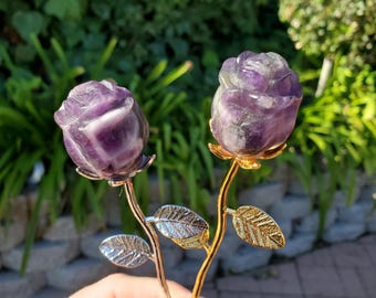 Small Dream Amethyst Rose on Stem - Calming, Energetic Protection, Positivity, Connection - Purple Chevron Flower Crystal Rose Gemstone