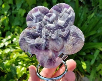 Dream Amethyst Flower on Stand - Calming, Energetic Protection, Positivity, Connection - Cute Purple Chevron Flower Crystal Rose Gemstone