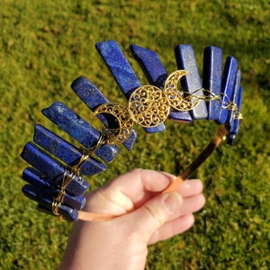 Lapis Lazuli Crown with Gold Triple Moon - Speak Your Truth, Self Expression, Communication - Lapiz Goddess Crown Healing Gemstone Party