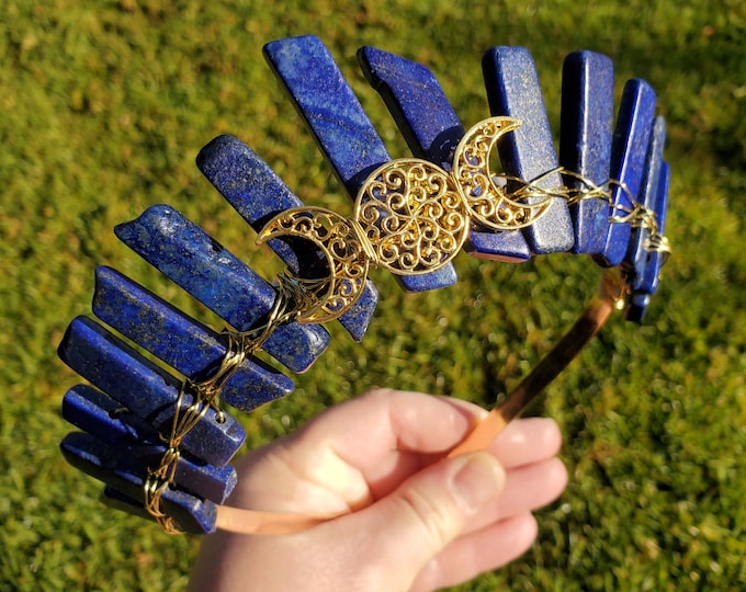 Featured listing image: Lapis Lazuli Crown with Gold Triple Moon - Speak Your Truth, Self Expression, Communication - Lapiz Goddess Crown Healing Gemstone Party