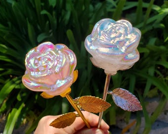 Aura Long Stem Rose (Quartz or Rose Quartz)  - Unconditional Love, Compassion, Self Love - Pink Crystal Rose Bud with Metal Stem Shiny Rose