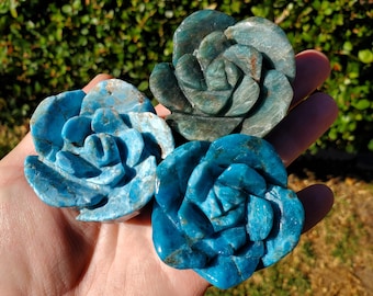Blue Apatite Chunky Blooming Rosebud - Intuition, Mental Clarity, Communication, Manifestation - Crystal Rose Standing Flower Carving Decor