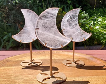Clear Quartz Moon on Gold Stand - Counteracts the Negative, Energizes Positive Energy - Clear Rainbow Quartz Healing Stone Statement Piece