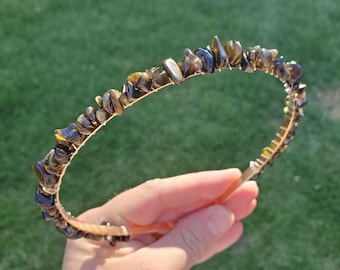 Gold Sheen Obsidian Headband - Self Reflection, Protection, Grounding - Crystal Chip Headpiece for Everyday Wear, Prom, Party, Holiday