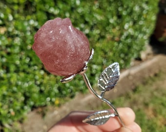 Small Strawberry Quartz Rose on Metal Stem - Universal Love, Gratitude, Generosity, Compassion - 6" Long Tanzberry Flower