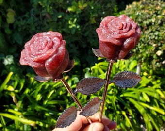 Strawberry Quartz Long Stem Rose with Silver Stem - Universal Love, Gratitude, Generosity, Compassion - Tanzberry Flower Carved Stone