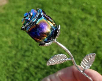 Small Aura Obsidian Rose on Stem - Self Reflection, Release Negative Energies, Balance - Rainbow Aura Flower Healing Crystals Gemstone