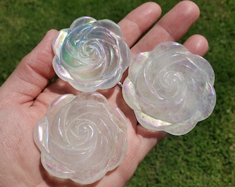 Aura Quartz Flower - Counteracts the Negative, Energizes Positive Energy - Rainbow Quartz Rose Carving Crystal Flower Healing Stone