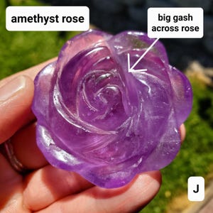 May include: A carved amethyst rose with a deep purple hue. The gemstone is shaped into a rose with detailed petals. The text "amethyst rose" is in a white box above the rose. A large gash is visible across the rose.