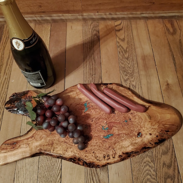 Cherry Burl Charcuterie, Cheese, Bread Serving/ Cutting board/ Tray with Kingman Turquoise Inlay, Food Safe, Made In the USA