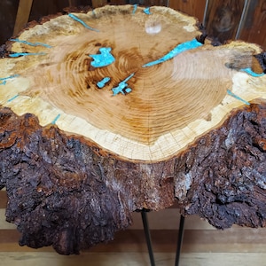 Cherry Burl Side-End Table-Coffee Table-Nightstand, With Arizona Kingman Turquoise Inlay, Hairpin Legs.